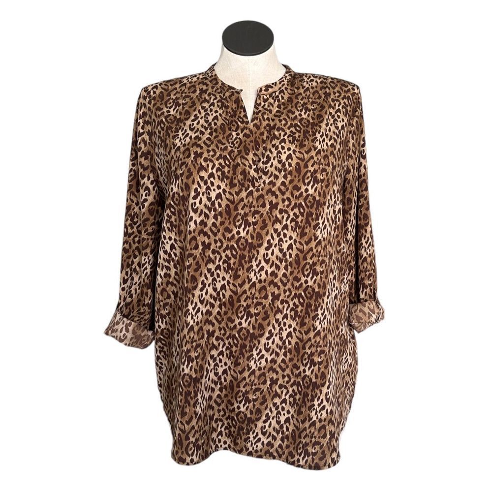Chico’s Women’s Brown Leopard Print Long Sleeve Blouse Size 3 (XL)‎